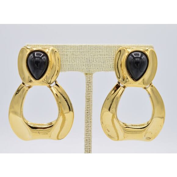 Givenchy Vintage Cabochon Clip Earrings Onyx Door Knocker Chunky Signed 1980s 9C - Picture 1 of 10